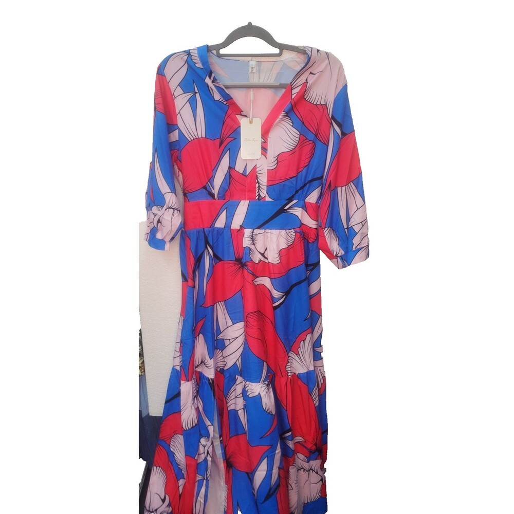 Fashion Space Maxi Dress Size Large, Blue and Pink